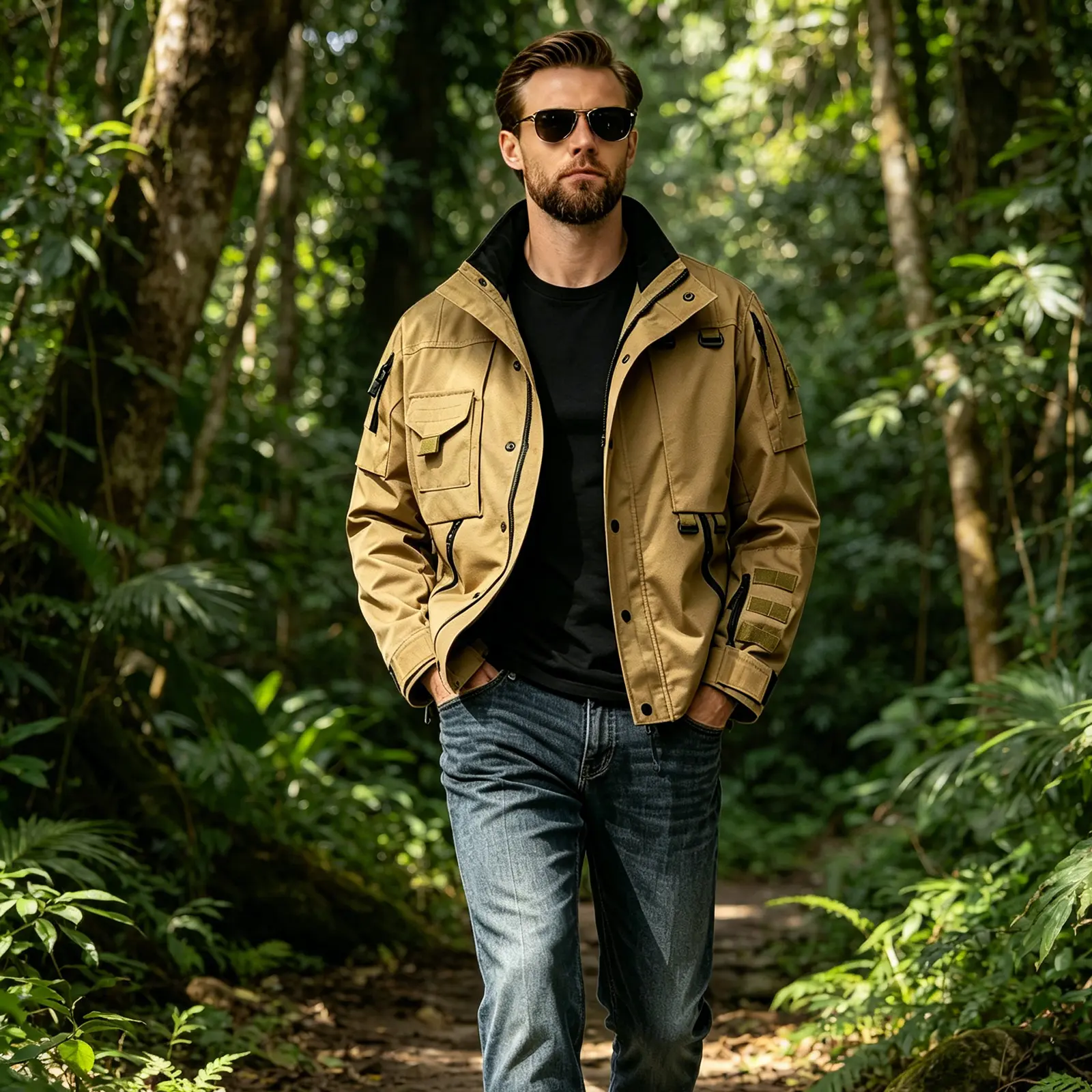 Men's Military Tactical Jacket in Ripstop Fabric, Lightweight Water-Resistant Work Coat with Multi-Pockets and Webbing Straps for Outdoor Hiking, Workcoat