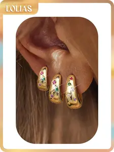 LOLIAS 14K Gold Plated Hoop Earrings Set for Women - 3Pairs Chunky 14K Gold Plated Silver Huggie Earrings Small Earrings Lightweight Hypoallergenic MultiColored CZ Hoop Earrings Stacks for Multiple Piercing, Earring Stacking Set