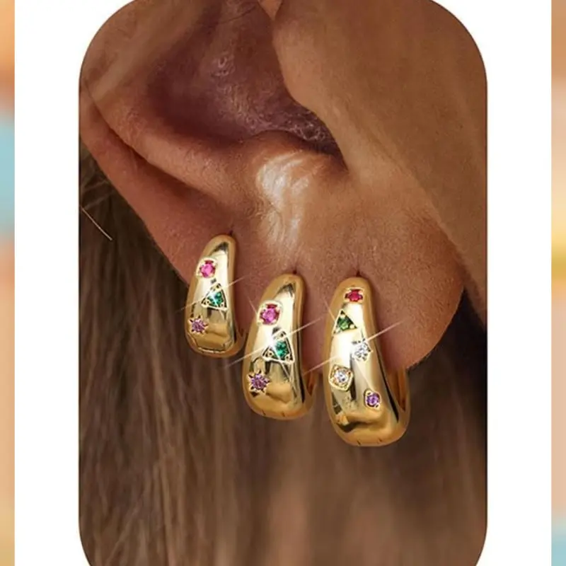 LOLIAS Women's 14 Karat Gold Plated Chunky Hoop Earrings Set (3 Pairs) - Hypoallergenic Lightweight Huggie Earrings with MultiColored CZ, Earring Stack for Multiple Piercing, Chunky Jewelry, Gold Aesthetic, Bling Effect, Everyday Sparkle