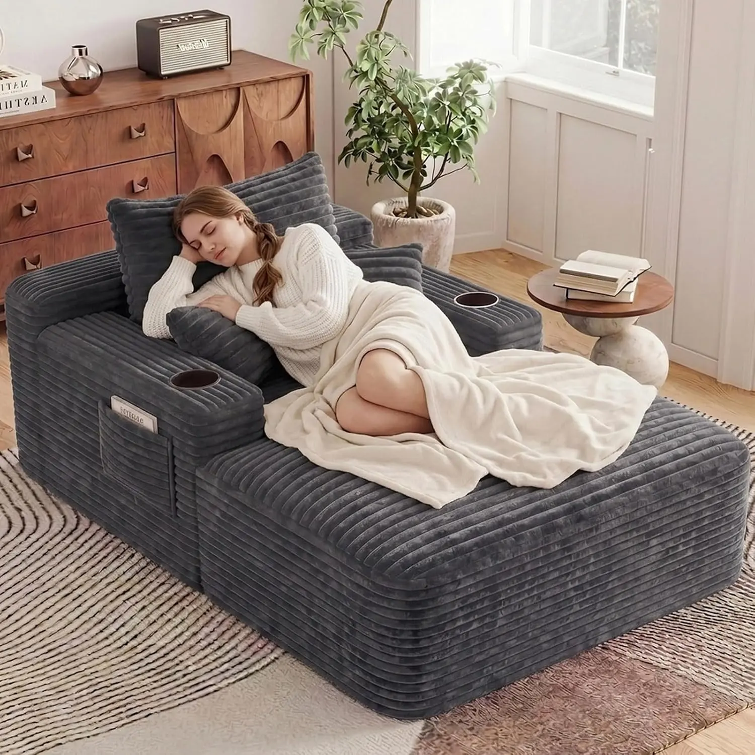 65" Oversized Chaise Lounge Chair Indoor, Boneless Cloud Couch Chair with Wide Armrest Pillows Side Pockets Cup Holders, Comfy Corduroy Sofa Bed Couch for Living Room No Assembly Require, Dark Grey