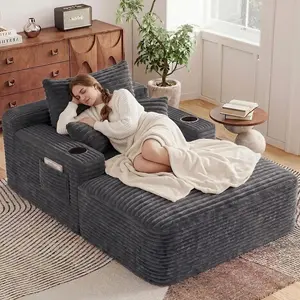 65" Oversized Chaise Lounge Chair Indoor, Boneless Cloud Couch Chair with Wide Armrest Pillows Side Pockets Cup Holders, Comfy Corduroy Sofa Bed Couch for Living Room No Assembly Require, Dark Grey