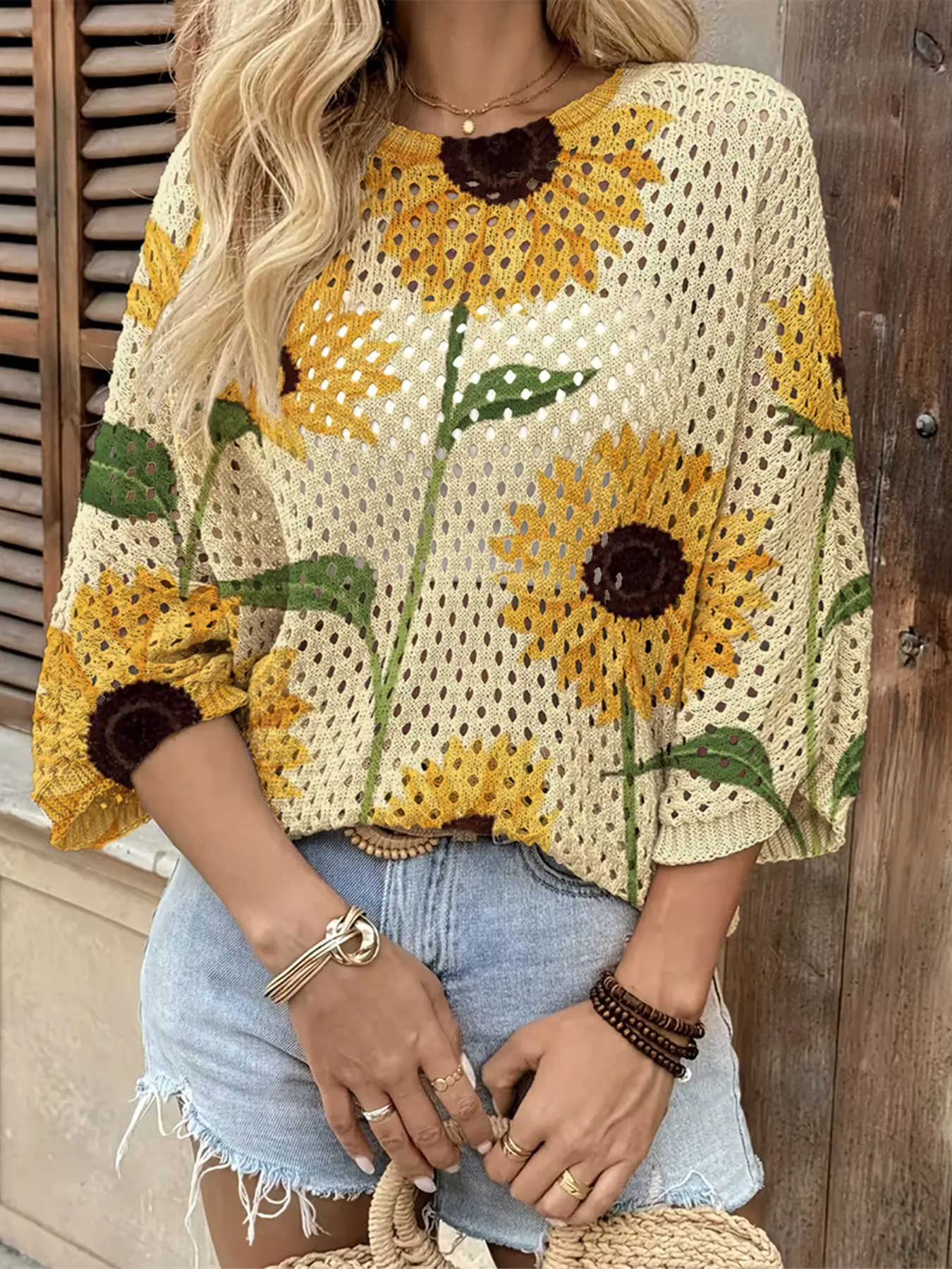 Spring Summer Women's Hollow Out Batwing Sleeve Knit Top, Colorful Floral Print, Casual Elegant Commuter Wear, Boho Beach Cover-Up, Swimsuit Cover Up, Summer Coverup, Swimsuit Coverups, Beachwear Cover Up
