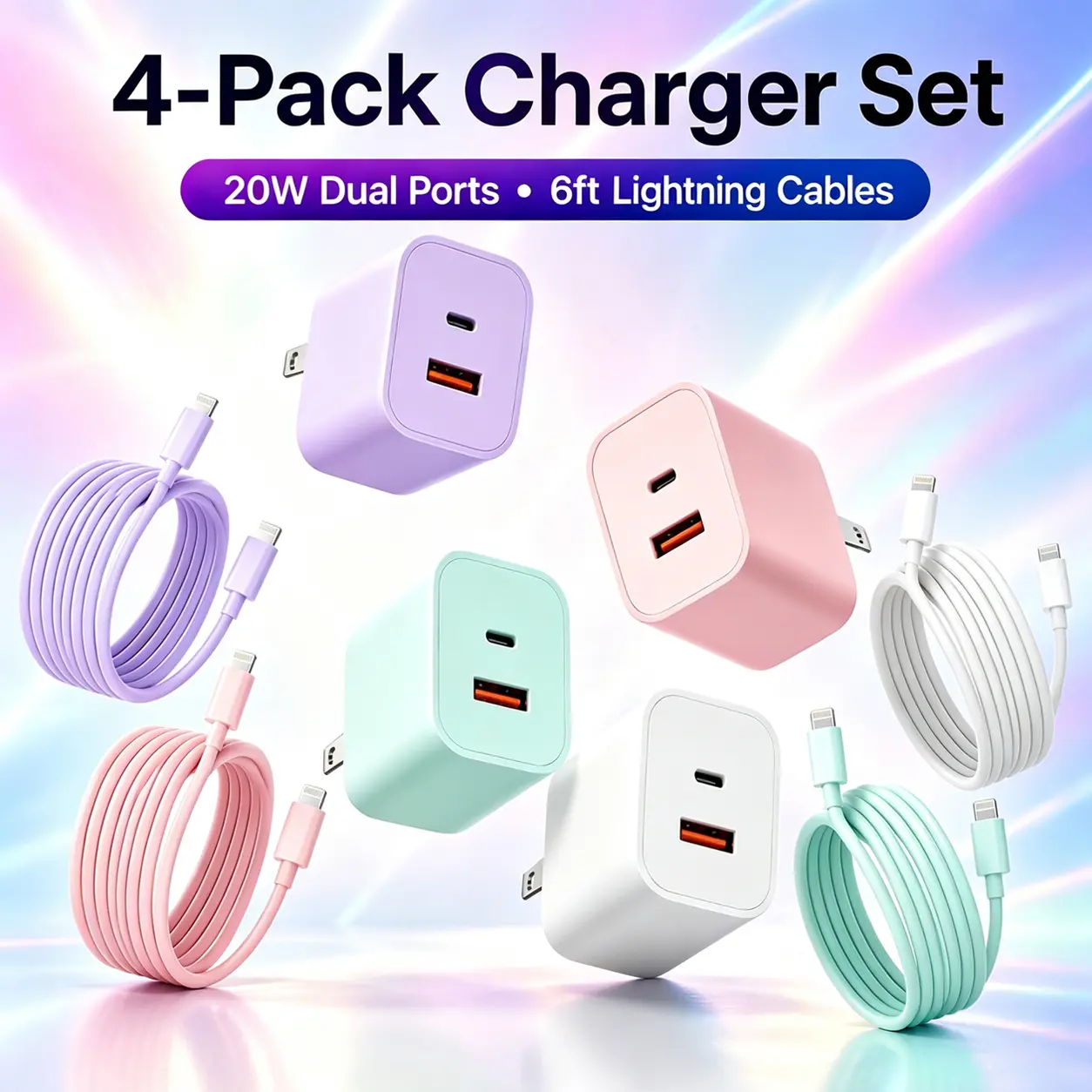 4-Set Fast Charger for iPhone 14 13 12 11 Pro Max, 20W Dual Port USB C USB A Charger Block, PD Quick Charge Wall Adapter with 6FT USB C to Lightning Cable, Long iPhone Charger Cord for XS XR X