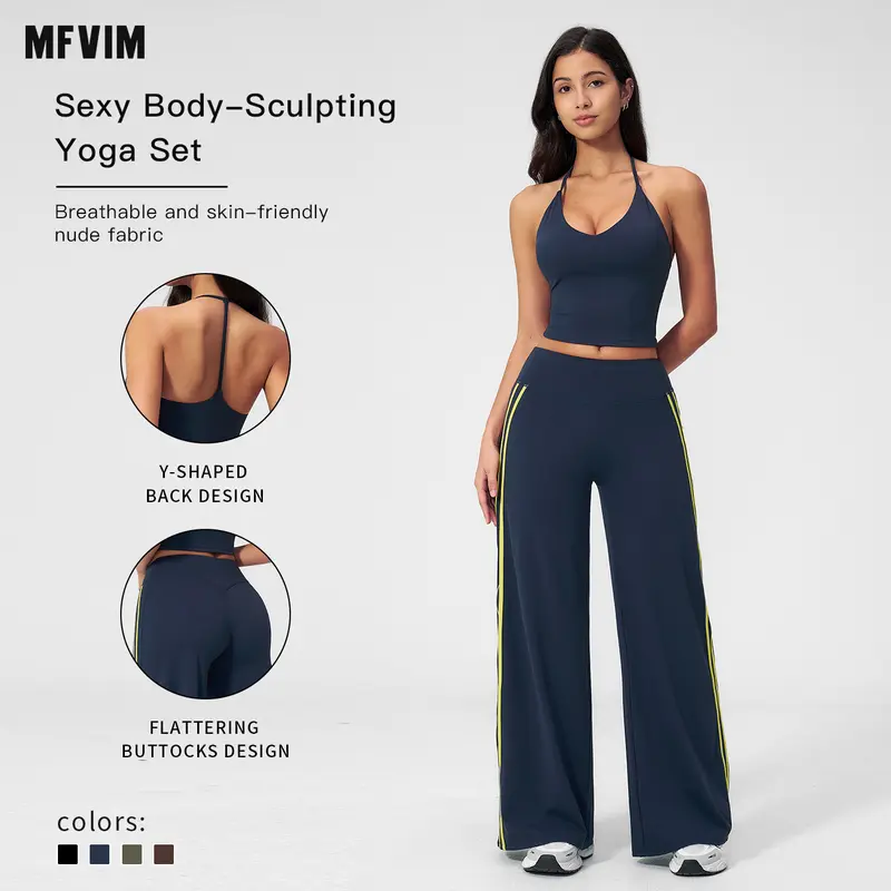 MFVIM Women's 2-Piece Athletic Workout Set - Striped High-Waisted Wide Leg Yoga Pants, Yoga Tank Top for Pilates, Gym Activities, Women's Two Piece Set, Tank Tops