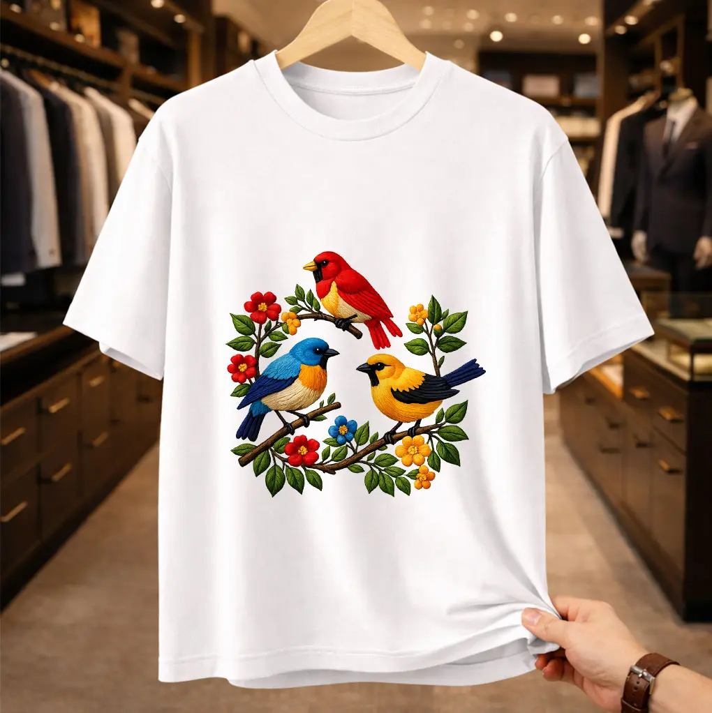 Unisex Classic Cotton Short-Sleeve T-Shirt - White, Textured 3D Knit Birds Graphic, Colorful Faux Embroidery Songbirds, Cottagecore Cardinal Floral, Casual Streetwear Summer Top