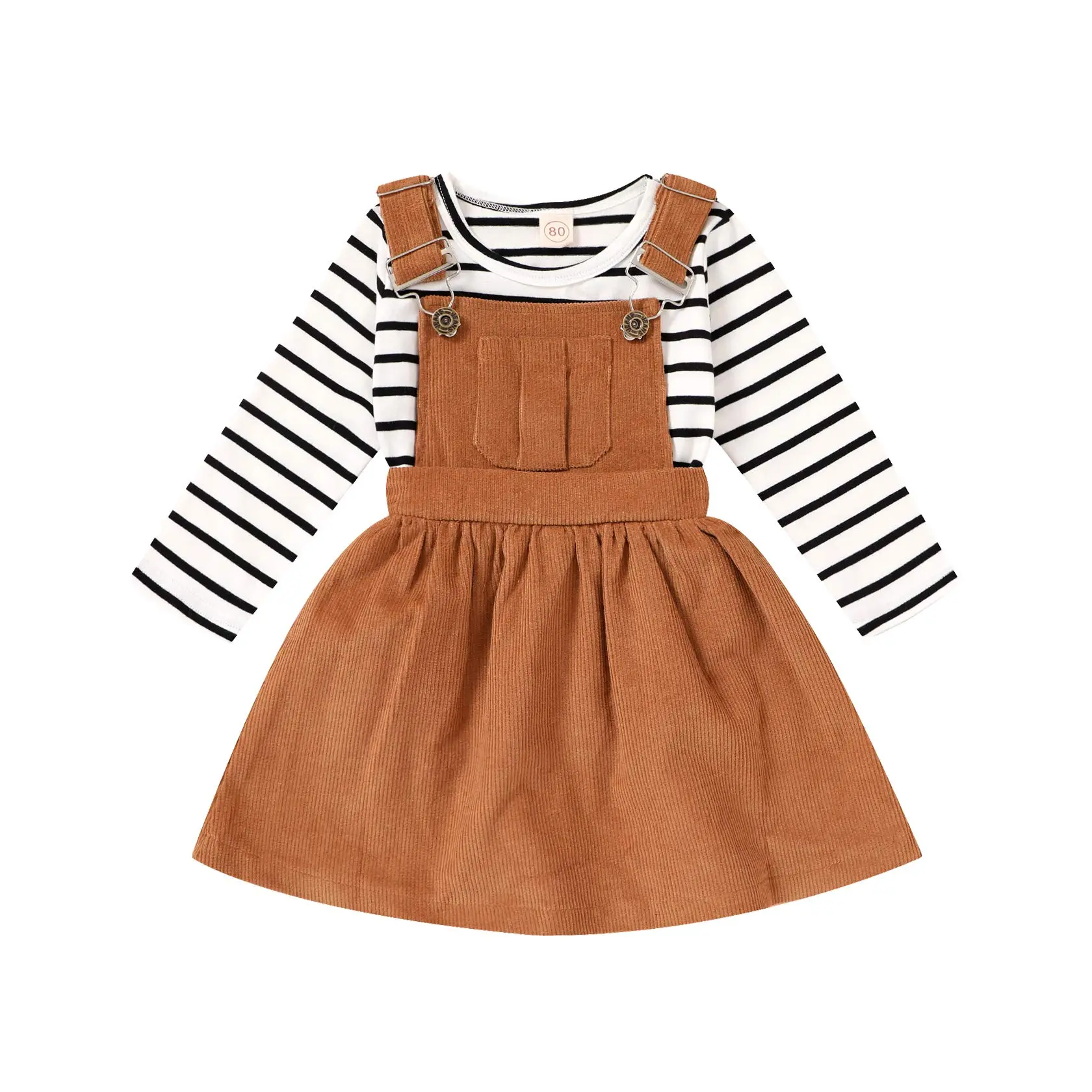 Toddler Baby Girl Fall Outfit Long Sleeve Stripe T-Shirt and Strap Dress Overall with One Pocket Clothes Sets