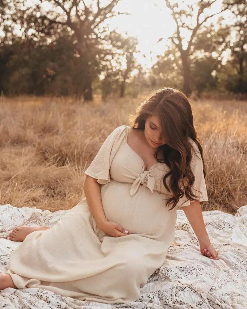 Women's Maternity Maxi Dress - V-Neck Pregnancy Outfit with Elegant Solid Fabric, Bow Flutter Sleeves, Flowy Bump-Friendly Design for Baby Shower & Photography, Maternity Dress, Maternity Wear, Pregnancy Reveal Clothing