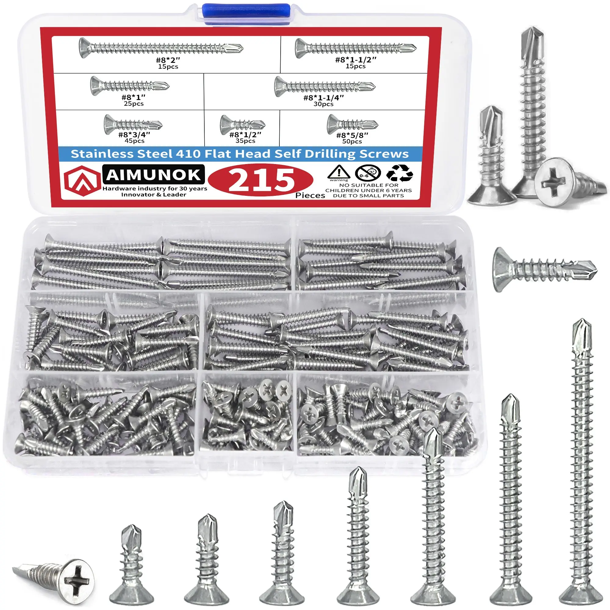 Aimunok Stainless Steel Countersunk Cross Drill Tail Screws, Self-Drilling Screws, Multi-Specification Set, Corrosion Resistant, 410 Series