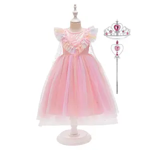 2-10Y Pink 1681 with Crown Magic Wand Sequin Cartoon Cosplay Costume Fancy Carnival Kids Clothes Performance Princess Theme Party Holiday Girls Ball Gown Children Cocktail Dress