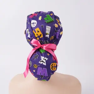 Purple Halloween Printed Ponytail Scrub Caps for Long Hair, Stretch Surgical Scrub Hat with Forehead Sweatband, Adjustable Vet/Nursing Cap
