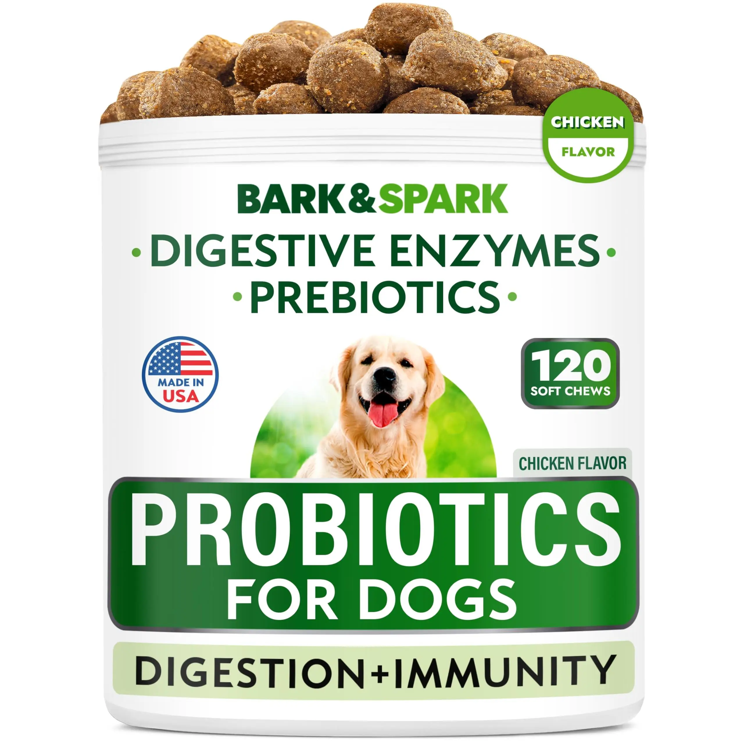 Bark & Spark Dog Probiotics & Digestive Enzymes - Allergies & Itchy Skin + Gut Health - Digestion Health - Tummy Treat - 120ct Canine Nutritional Sup