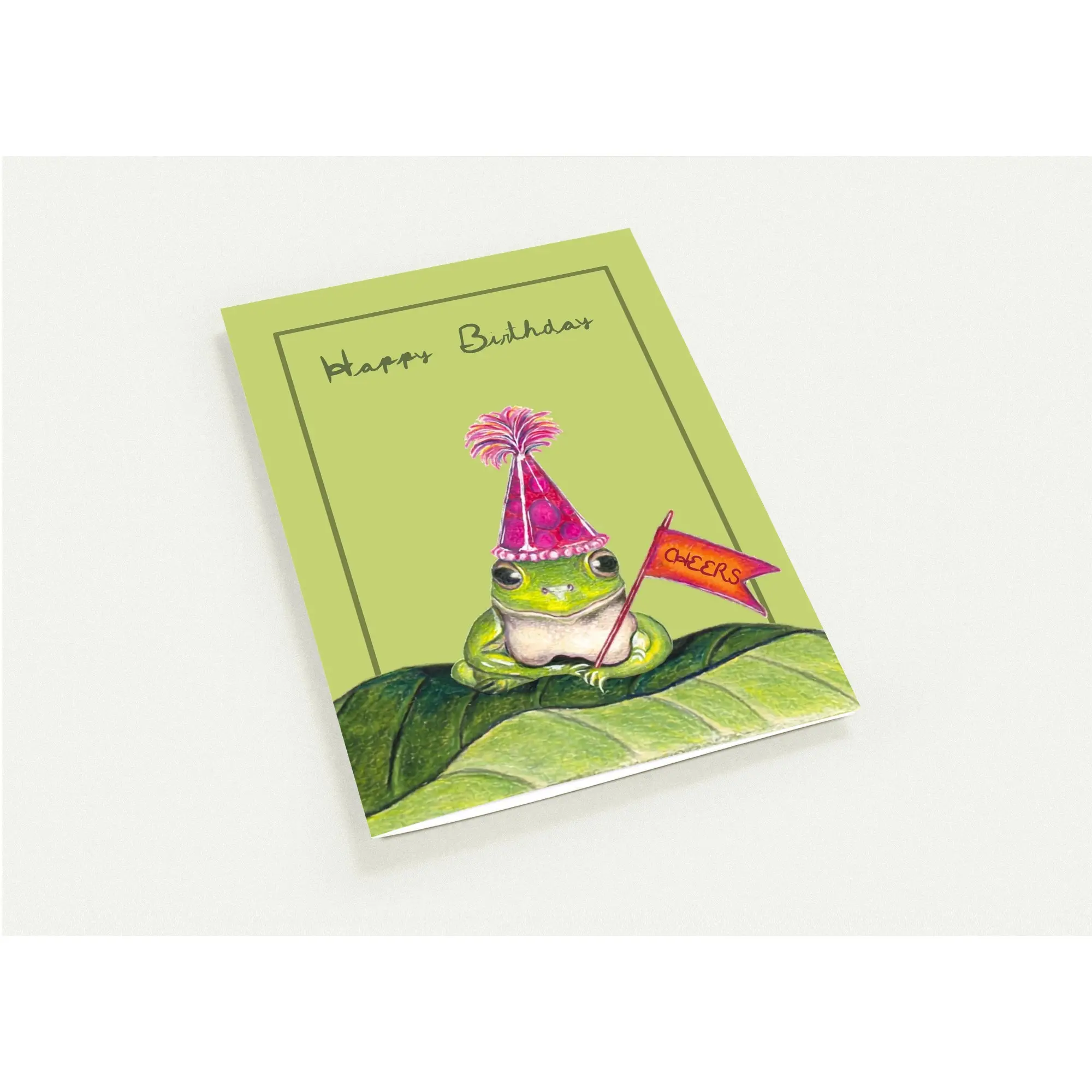 Hand drawn happy birthday card with a frog in a party hat raising a cheers flag, with a chartreuse inside, Pack of 10