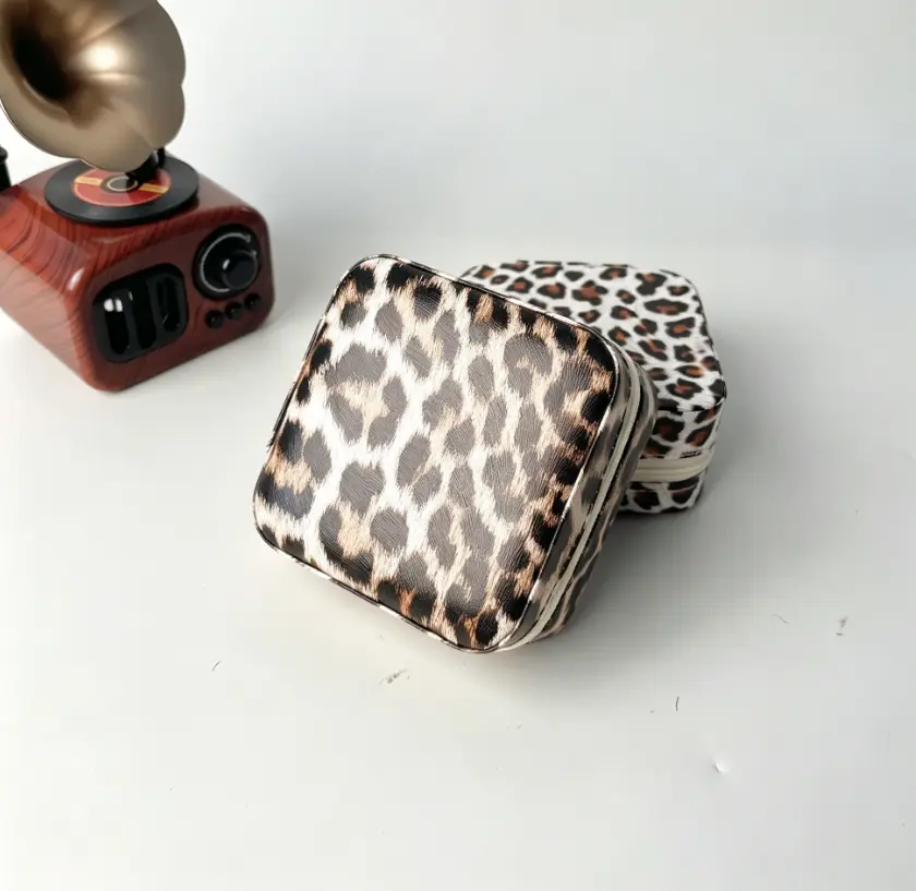 Women’s Leopard Print 2-Pack Classic Leather Velvet Laser Jewelry Box, Small Dustproof Travel Storage Box for Rings and Earrings