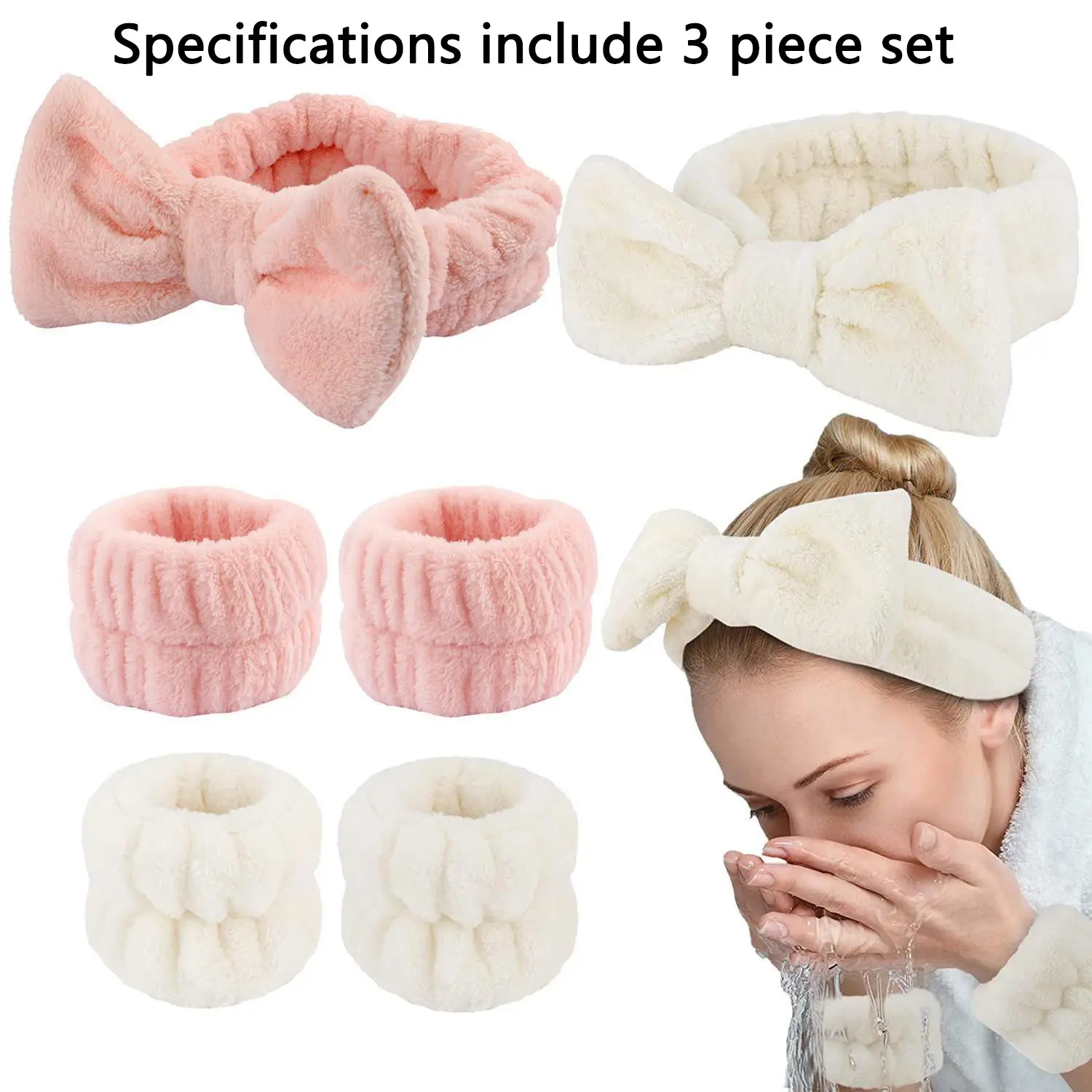Face Washing Hair Band & Wristband, 3 Counts/set Puffy Headband & Wristband Set, Water-absorbing Spa Headband Wristbands, Face Wash & Skin Care Tool, Soft Headband, Sweat Absorbing Headband