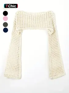 Women's Y2K Hollow-Out Flounce Sleeve Super-Cropped Cover-Up, Casual Long Sleeve Boat Neck Knit Top for Daily Wear and as a Swimsuit Cover-Up, Sheer Cover Up, Swimsuit Cover Ups, Swimwear Cover Up, Women's Clothes for Fall