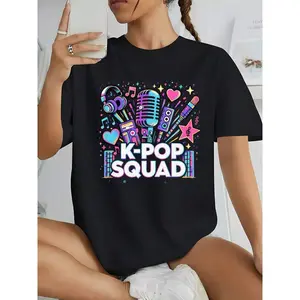 Women'S K-POP SQUAD Pattern T-Shirt - Y2K Aesthetic Loose T-Shirt, Vibrant Microphone And Headphone Print, Soft Blend Loose Fit Round Neck Short Sleeve Top, K-Pop Fan Concert And Daily Streetwear (Pink And