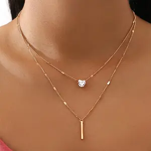 Gold Layered Heart CZ Pendant Necklace for Women, Dainty Double Chain Necklace
