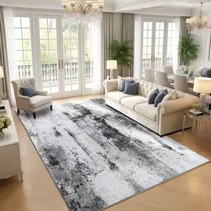 Grey Abstract Modern Machine Washable Area Rug For Living Room, Non Slip Low Pile Large Rug For Bedroom, Farmhouse, Dining Room, 5x8, 7x10, 9x11 Feet
