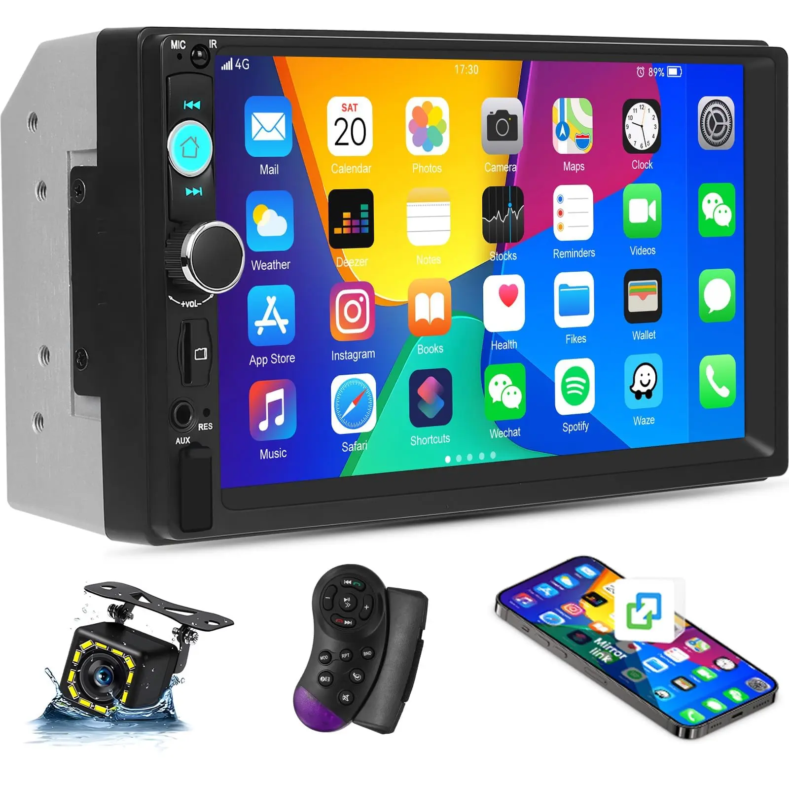2-DIN Car Radio with 7-Inch IPS Touchscreen, Hands-Free, USB, AUX, TF, FM, MirrorLink Screen Mirroring, MP5 Player, and Rearview Camera.