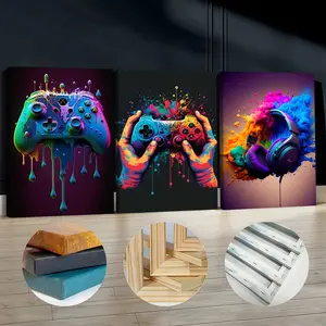3Pcs Wooden Framed Canvas Painting, Colorful Gaming Controller And Headset Splash Paint, Exquisite Poster, Home Decoration, Pattern Wall Art Decor, For Living Room, Bedroom, Office, Restaurant, Bar Wall Decor, Odorless, Painting, Print Artwork
