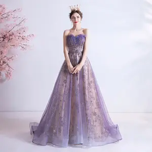 Strapless Purple Sequin Starry Dress Wedding Dress