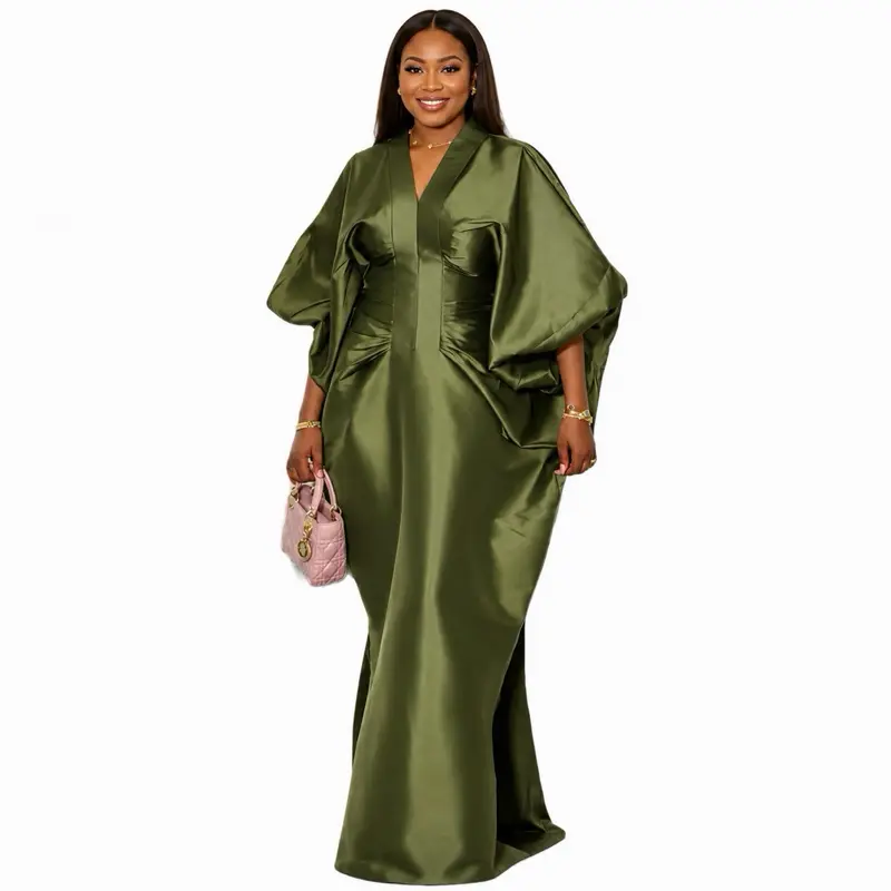 Lady's Chic Luxury African Boubou Dress - Formal Wear Gown for Special Occasions, Handmade Pure Taffeta with Intricate Hand Embroidery & Beadwork, Elegance-Focused. Olive Green