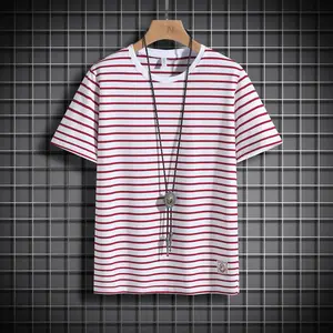 New summer striped short-sleeve men’s T-shirt, loose casual crew neck pure cotton base layer, Japanese retro collegiate style, versatile breathable top, Korean minimalist slimming everyday commuter basic short sleeve, #SummerWins, #fathersdaygift