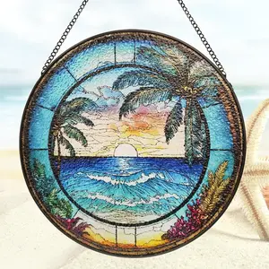 Ocean Sunrise Suncatcher Hanging Stained Glass Window Decor, 9.8'' Sea Wave View Wall Art Panel, Seascape Glass Hanging for Indoor Outdoor Home Decor