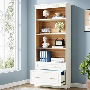 TRIBESIGNS WAY TO ORIGIN 2-Drawer Vertical File Cabinet for Letter Size, Modern White Filing Cabinet with 5-Tier Bookshelf, Large Printer Stand with Open Storage Shelves for Home Office