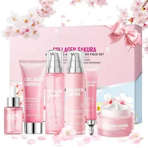 6 PCS Facial Care Kit with Cleanser – Sakura Cherry Blossom Korean Skin Care Set, Moisturizing Collagen Skincare Gift for Women & Teen Girls