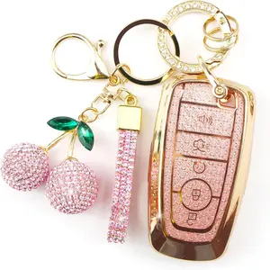 Sparkly Key Fob Cover with Cherry Keychain, Bling TPU Smart Key Case for Women, Compatible with Ford Fusion Mustang Ranger Explorer Expedition Lincoln Aviator Corsair (5-Button, Gold Pink)