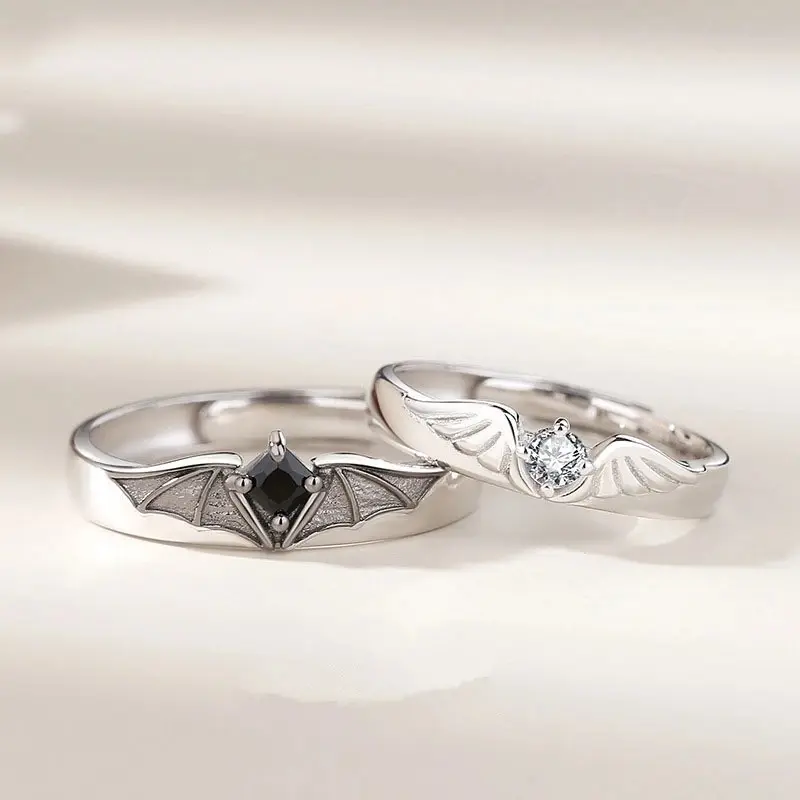 Luxury Crystal Angel Demon Couple Rings for Women Men Romantic Fashion Wings Design Adjustable Engagement Ring Wedding Jewelry