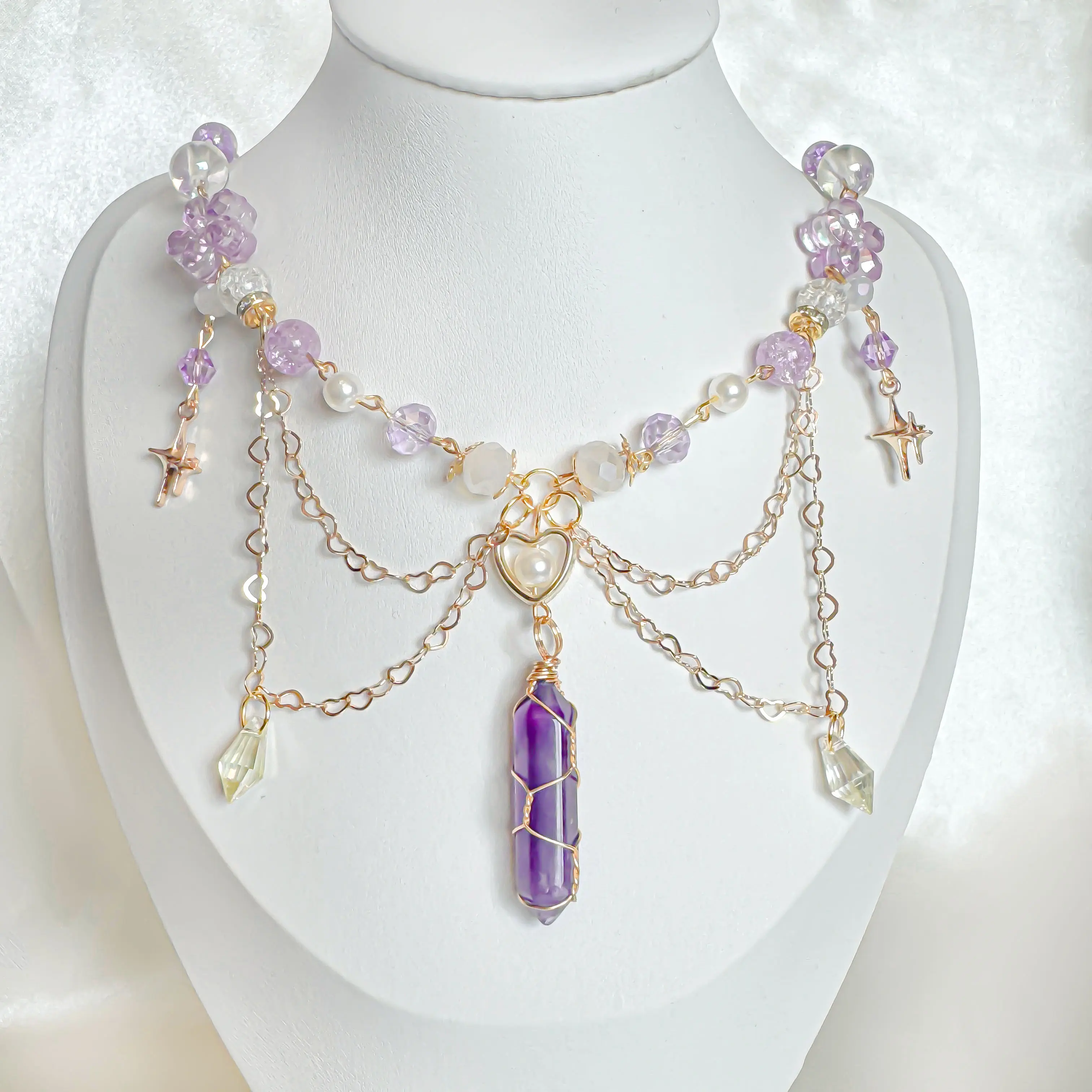 Purple Crystal Wire Wrapped Beaded Necklace, Fairycore Handmade Jewelry, Twinkle Star, balletcore necklace, gift for her, rave necklace, birthday bridesmaid graduation gift
