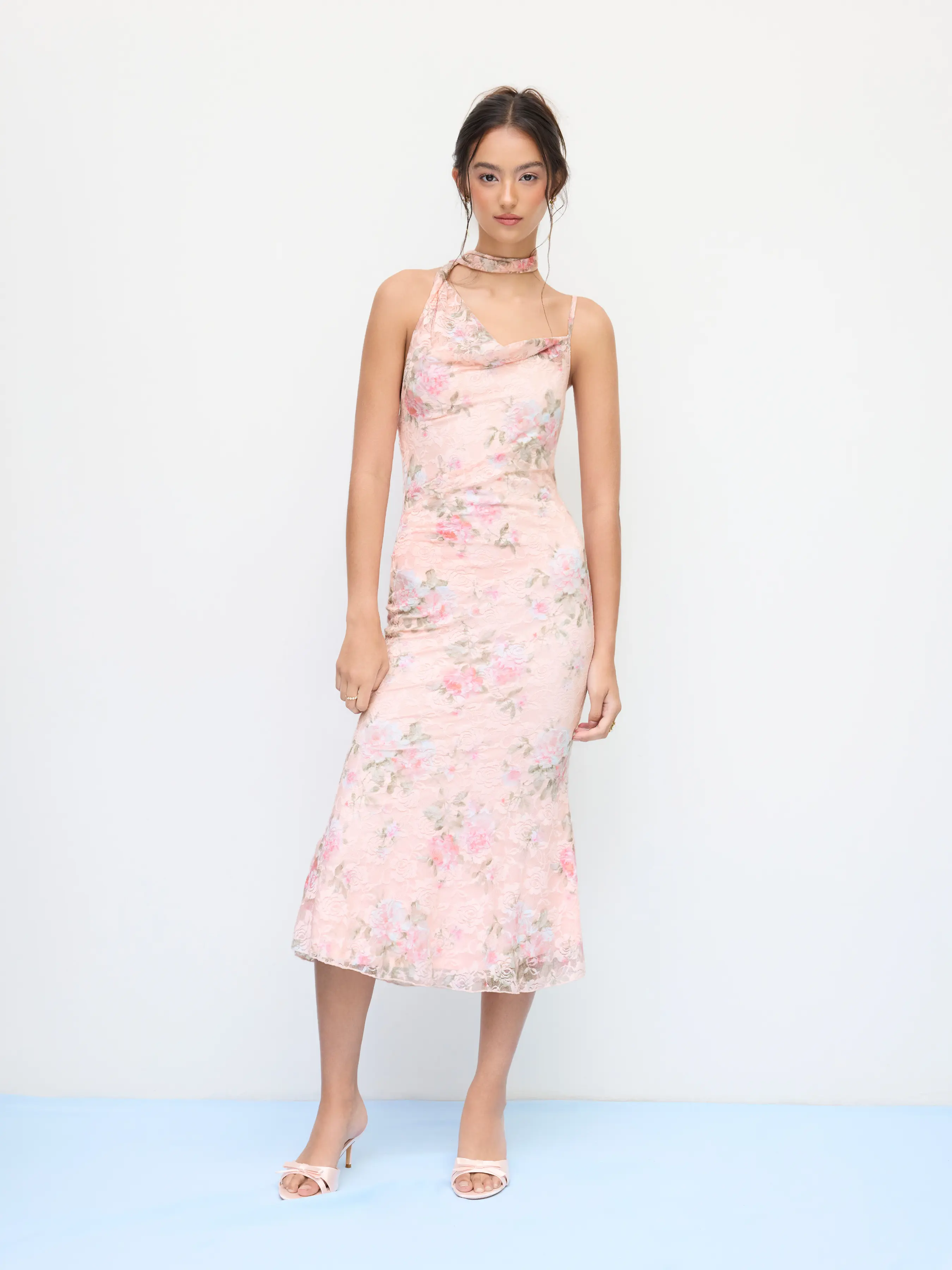 Cider Lace Floral Cowl Neck Mermaid Maxi Dress With Scarf
