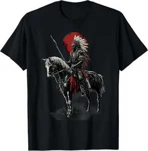 100% Cotton Indian Chief Native American Feather Headdress Horse Ride T-Shirt