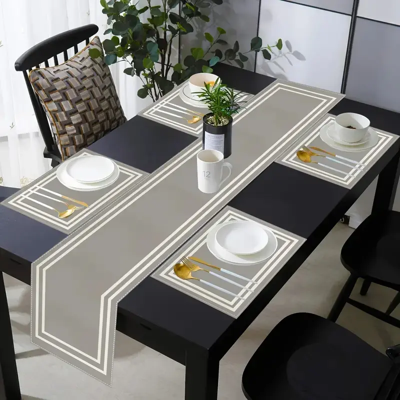 1/5/7 piece set, gray with geometric white frame design, Geometric Theme, Rectangular Shape, table flag, table runner and placemat set, washable, Ease maintenance, used for home kitchen, outdoor parties, Dining Table, Cleanliness