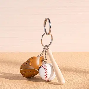 Mini Baseball Keychain with Wooden Bat