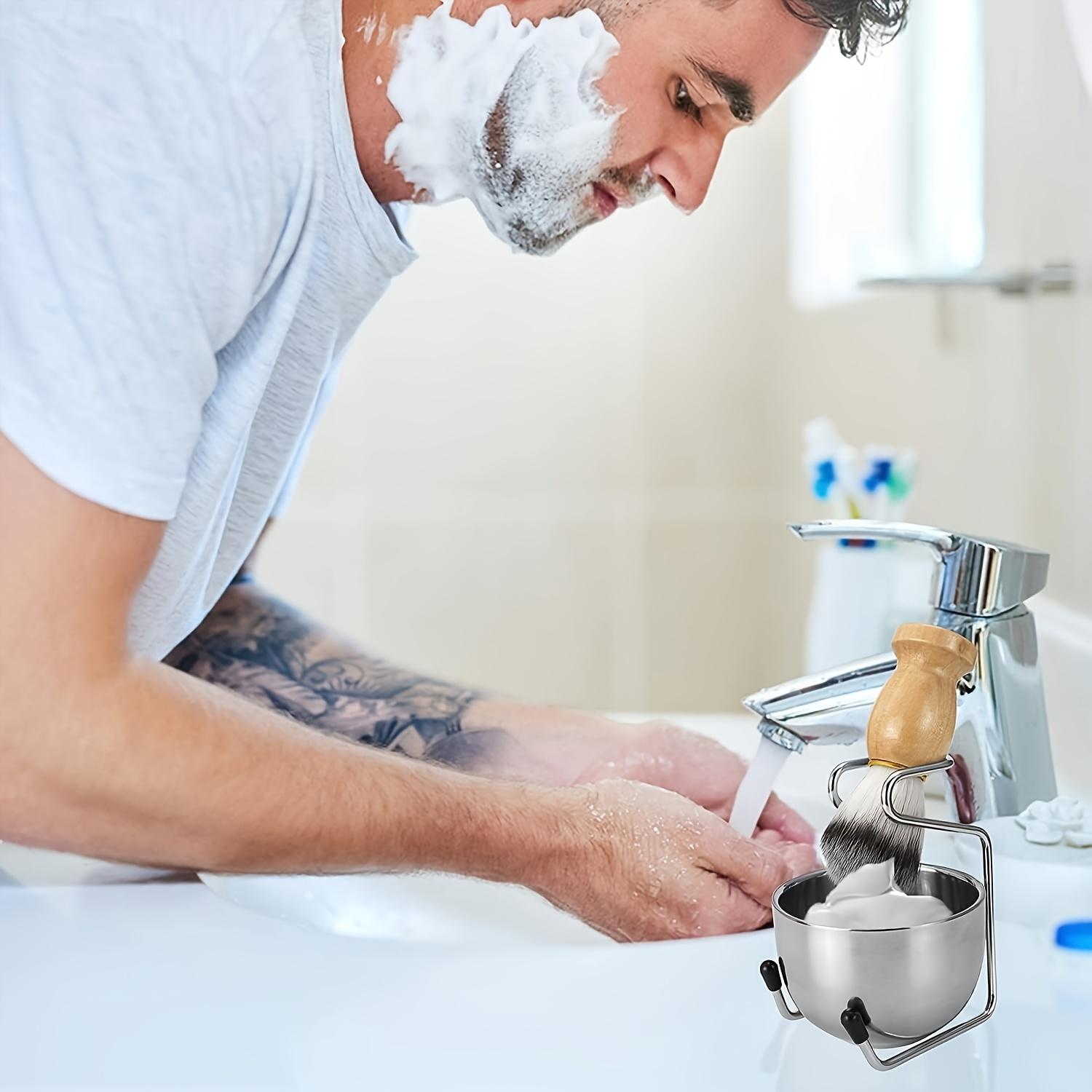 Men Shaving Brush Set, with Synthetic Badger Hair Wood Handle,Stainless Steel Stand and Bowl,Perfect for Men Traditional Wet Shave