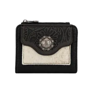 Trinity Ranch Western Cowhide Wallet for Women with Floral Design and Silver Concho Accents