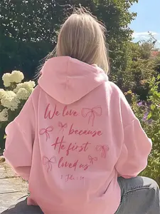 We Love Because He First Loved Us Hoodie, Christian Coquette Bow Aesthetic Faith Inspirational Religious Gift Sweatshirt, Youth and Adult Tee, Womenswear Clothing, Street Style, Y2k Style Outfit, Family Matching Tee