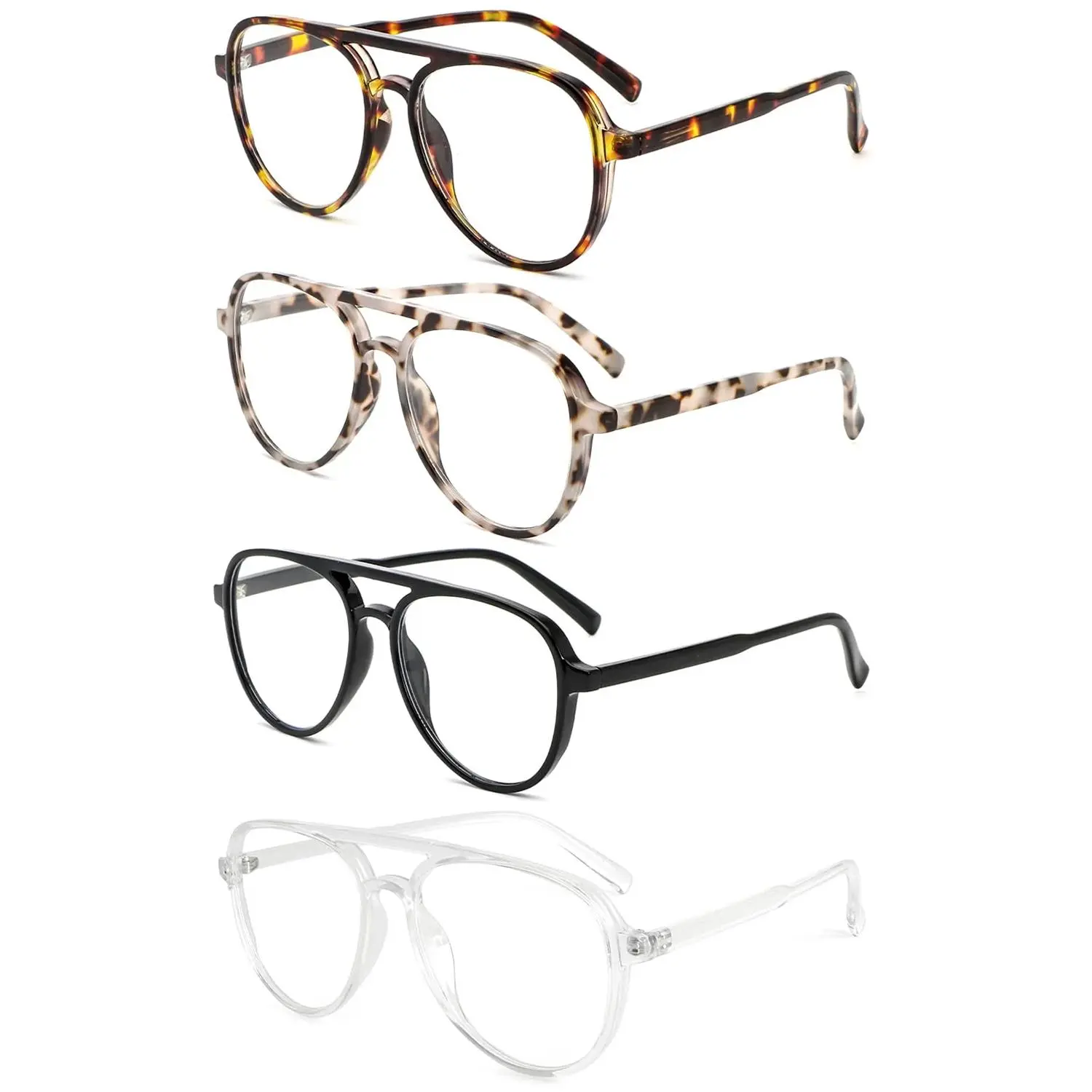 4 Pack Retro Aviator Reading Eyeglasses for Men and Women, Oversized Double Bridge Metal Frame with Blue Light Blocking