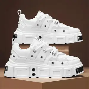 Men's Trendy White Platform Sneakers - Classic Casual Sneakers With Durable Rubber Sole, Comfortable Fabric Lining, And Stylish Studded Design For Casual Attire, Sporty Lifestyle Shoes | Trendy Platform Sneakers | Laceup Closure(Sheets)