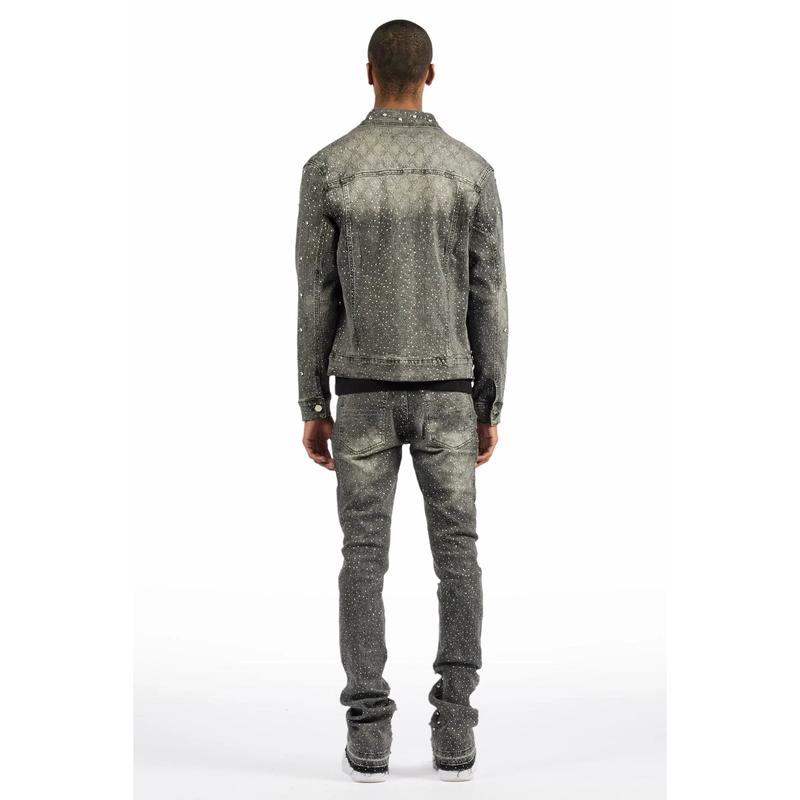 Glit Dark Grey Rhinestone Denim Jacket/Stacked Flare Jean Set