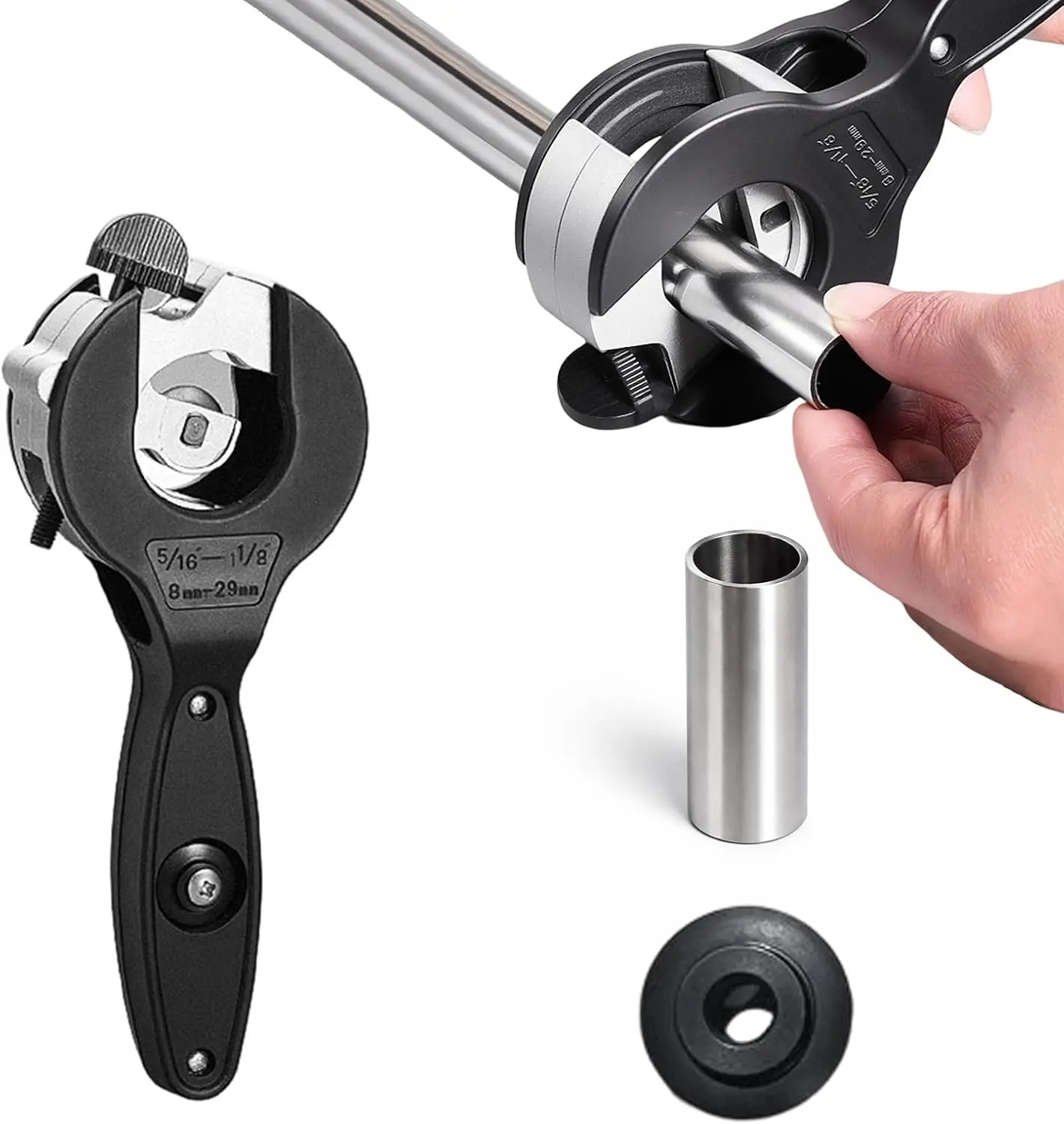 Ratcheting Tubing Cutter Heavy Duty Adjustable Pipe Cutting Tool with Replaceable Alloy Steel Blade for Copper Aluminum Iron Stainless Steel Conduit Plumbing HVAC Work (Black, 5/16" to 1-1/8")