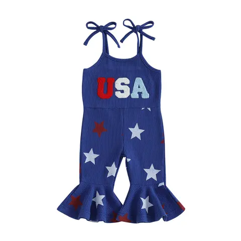 REDWOON 4th of July Baby Girl Flare Jumpsuit Toddler USA Letter Embroidery Bell Bottom Romper Stars Print Sleeveless Suspender Pants Infant Wide Leg Overalls