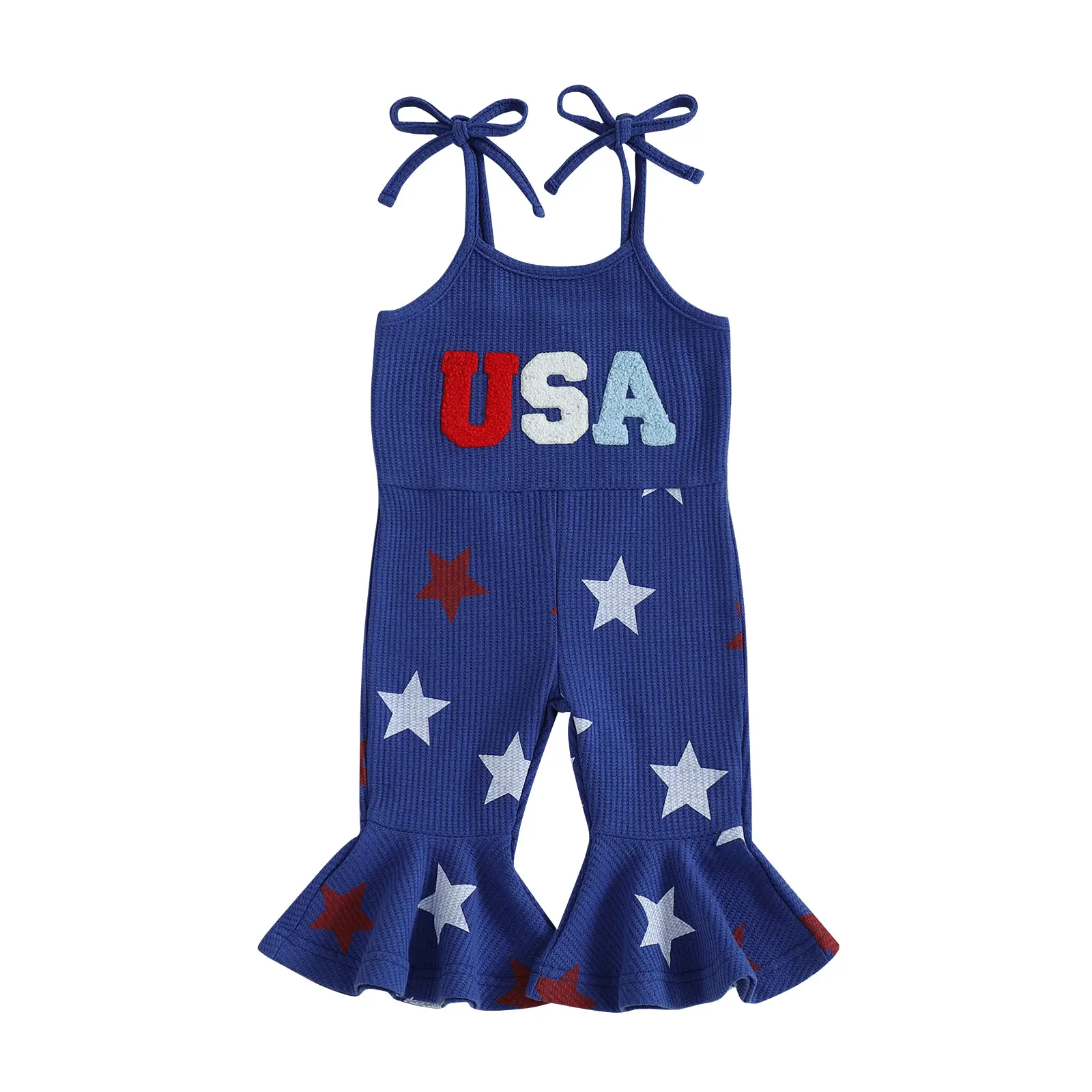Canrulo 4th of July Toddler Girl Bell Bottom Jumpsuit USA Embroidery Star Print Romper Baby Spaghetti Straps Overalls Flare Pant Kid Playsuit