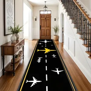 Modern Simple Airplane Runway Rug, & Plane Elements, Flannel Long Carpet, Non-Slip Design, Indoor Decor