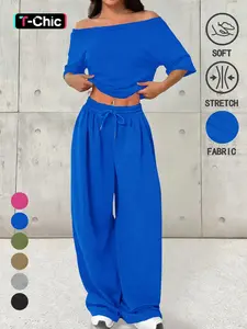 Women's Casual Solid Color Set, One Shoulder Design, Loose Knit Short Top Long Pants, Fashionable Comfortable Wear, Spring & Fall, Outfit, Womenswear