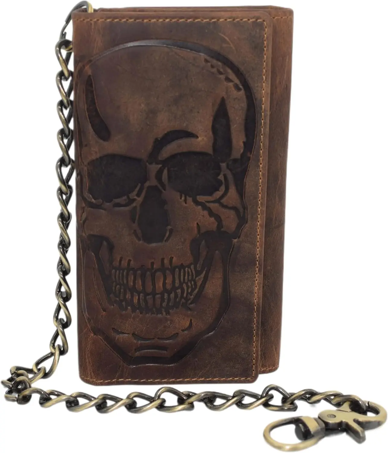 Men's Distressed Retro Biker Skull RFID Blocking Leather Trifold Wallet - Long Design with Stainless Steel Chain, Key Ring, Claw Hook, Checkbook Holder, Card Slots, ID Slots, Brown Fashion Men's Wallet for Luggage & Bags, Rfid Blocking Wallet