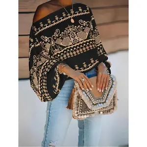 Off-Shoulder Ethnic Print Blouse, Boho Batwing Sleeve Top for Spring and Autumn, Women’s Festival Crop Tops/Shirts, Women’s Wear